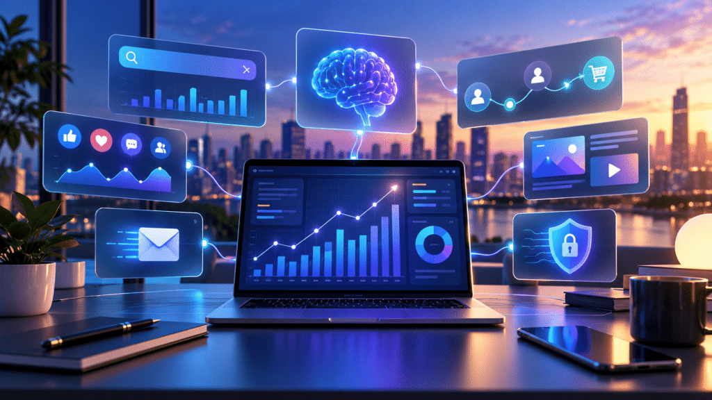 Digital marketing trends 2027 illustrated with AI, analytics, search, email, social media, and privacy signals