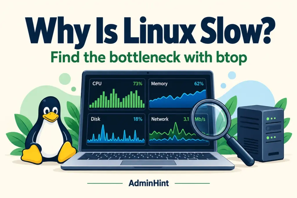 Linux PC Running Slowly? Find the Bottleneck with btop — illustrative Linux troubleshooting banner