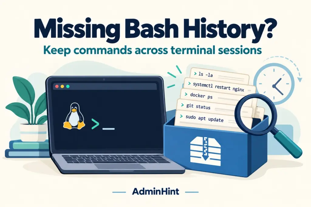 Bash History Missing After Closing a Terminal? Fix the Save Settings — illustrative Linux troubleshooting banner