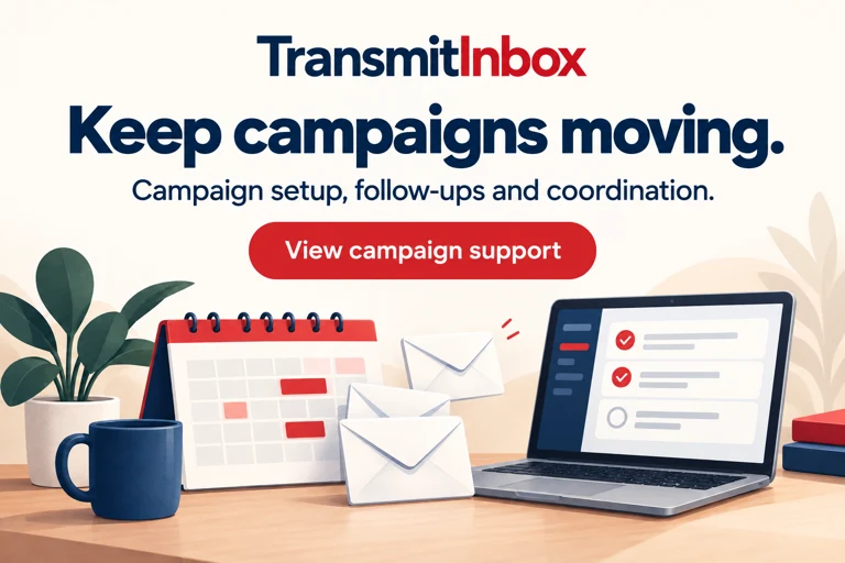 TransmitInbox — Keep campaigns moving. Campaign setup, follow-ups and coordination. View campaign support
